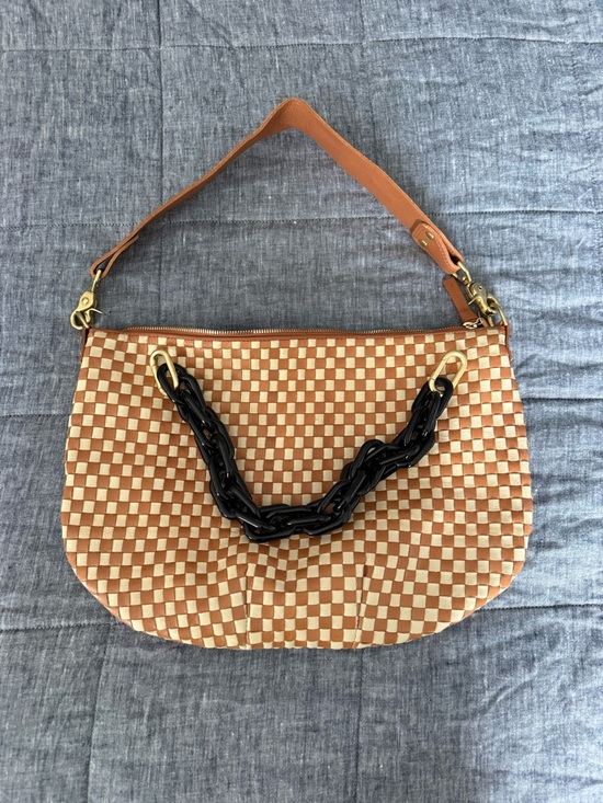Clare V. Handbags - Woven Shoulder Bag in Tan and Cream with Black Chain Accent
